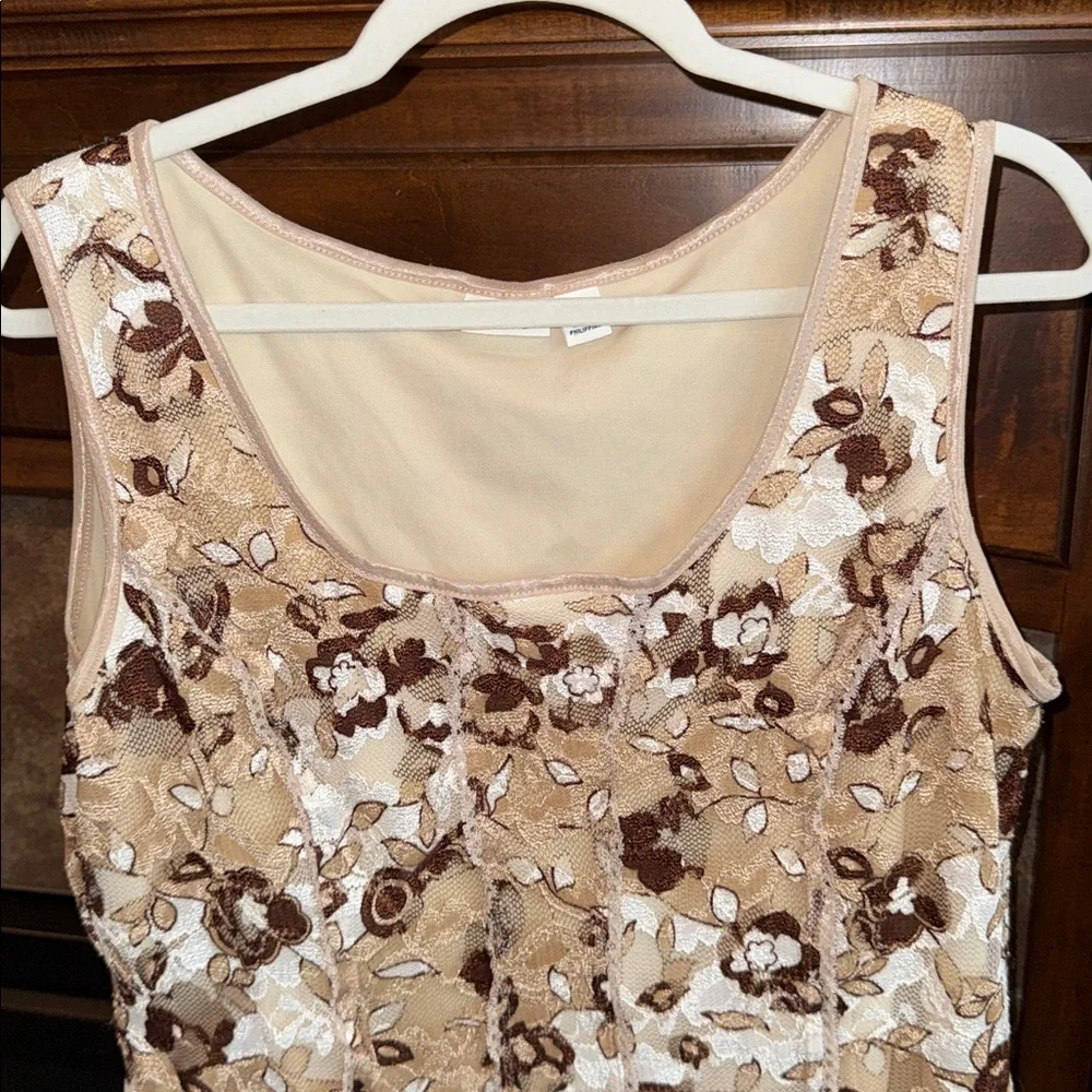 Brown tan cream floral lace scoop neck Y2K boho hippie western tank top XL